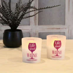Flameless Candles LUMABASE Battery Operated Wax Filled Glass LED Candles – Life Is Good, Wine Makes It Better (Set Of 2) -Globe Sales white lumabase flameless candles 96902 4f 1000