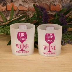 Flameless Candles LUMABASE Battery Operated Wax Filled Glass LED Candles – Life Is Good, Wine Makes It Better (Set Of 2) -Globe Sales white lumabase flameless candles 96902 c3 1000